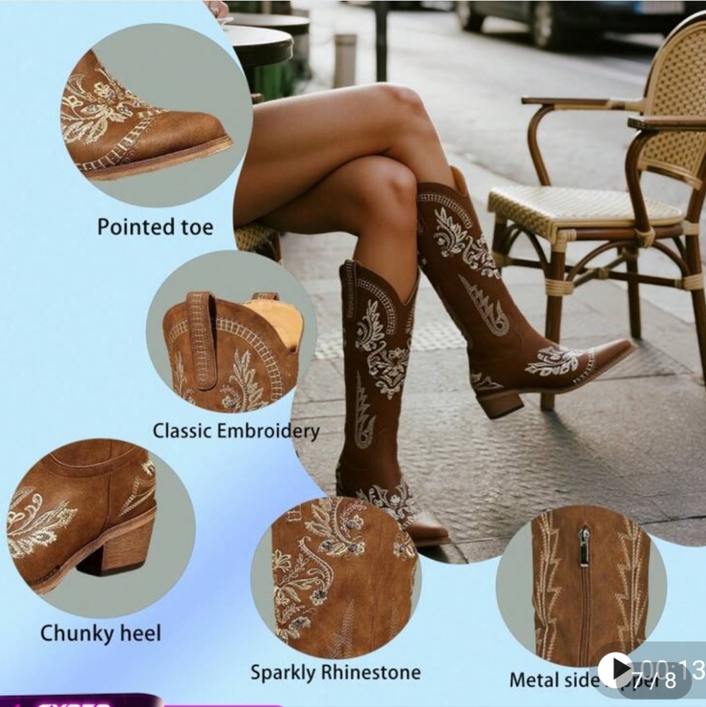 Women's sz 12 Brown Embroidered Western Boots with Rhinestones - Picture 10 of 13